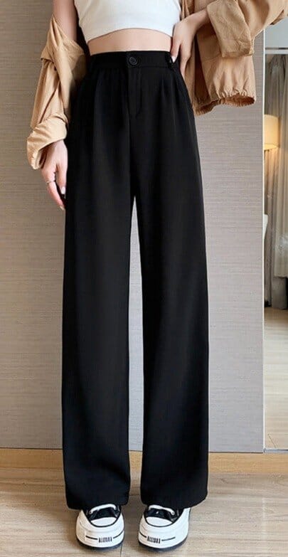 Femme portant Pantalon Fluide Taille Haute - Isa Noir M - Les Petits Imprimés