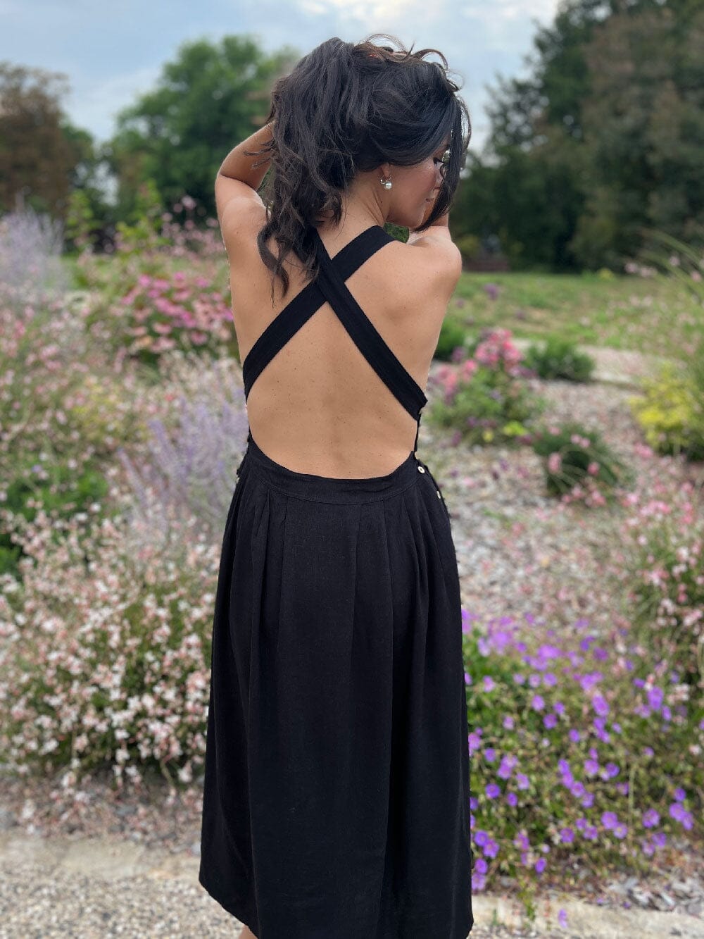 Robe Lin Dos Nu Boutons bois coupe évasée – Les Petits Imprimés