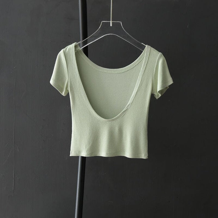 Femme portant Tee Shirt Dos Nu - Lilia Vert clair S - Les Petits Imprimés