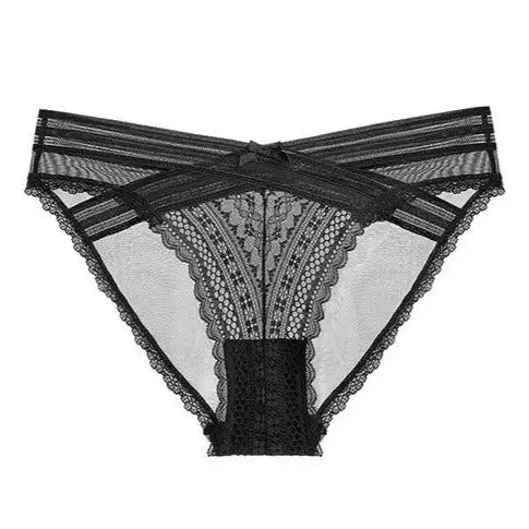 culotte en dentelle fine noire avec motif croisé, modèle aly, lingerie féminine séduisante