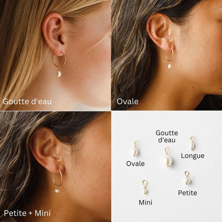 boucles d'oreilles pendantes en perles blanches modèle lucile avec plusieurs formes et tailles disponibles