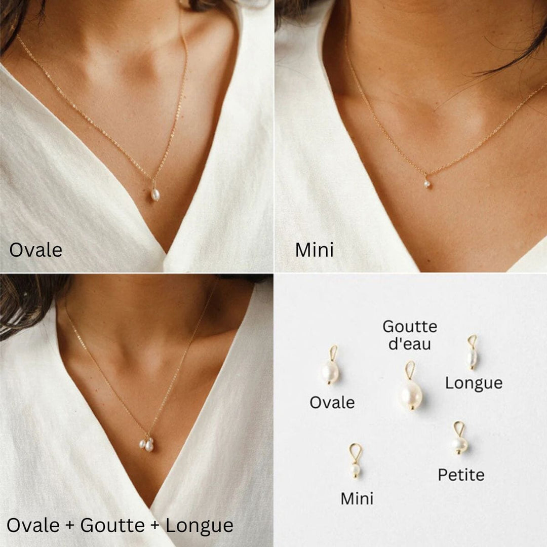 collier pendentif perles lucile avec variantes de formes : ovale, goutte d'eau, mini, petite et longue, présenté sur mannequin
