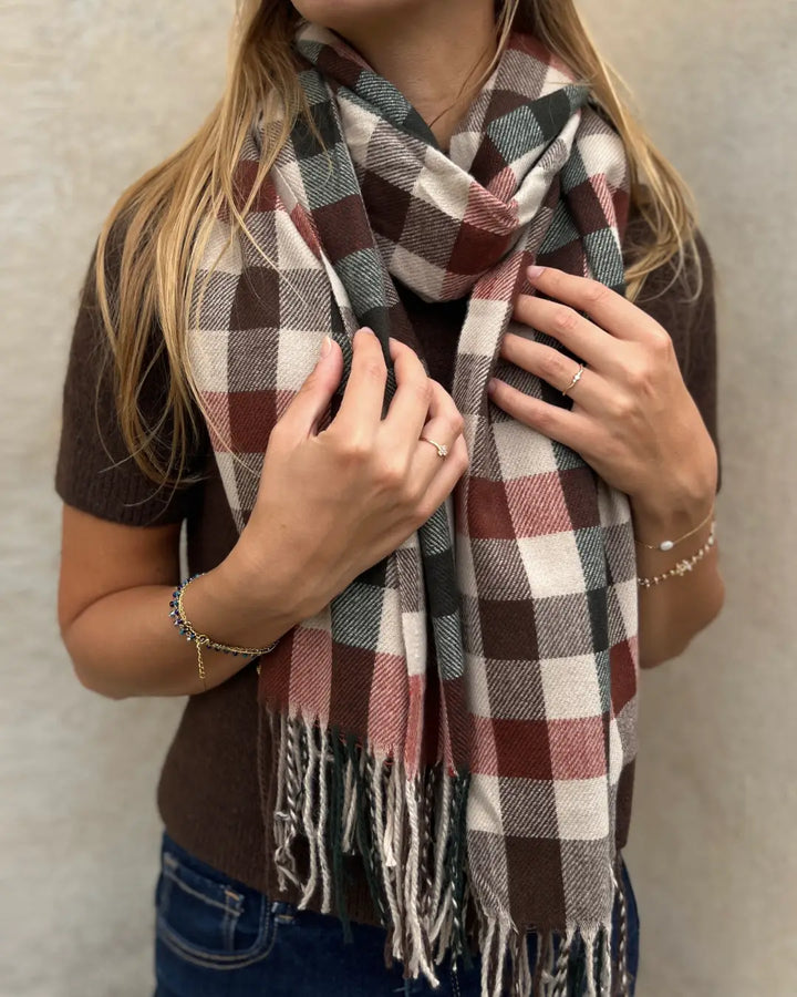 Echarpe à carreaux pour femme en cachemire doux, parfaite pour un style élégant et chaleureux en toutes saisons.