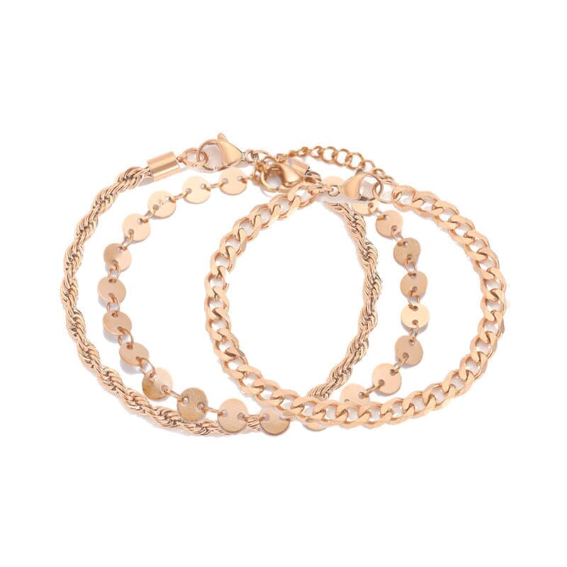 lot de bracelets en acier inoxydable or rose style rosalie, ensemble de trois pièces élégantes et tendance pour femme