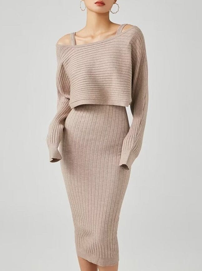 ensemble robe pull pour femme axelle - robe en maille légère couleur beige, manches longues, épaules dénudées