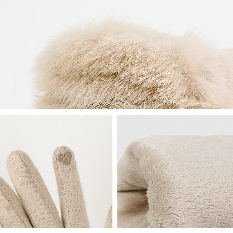 Gants tactiles en cachemire beige avec détails en fausse fourrure et motif cœur discret, modèle Lisa élégant et chaud