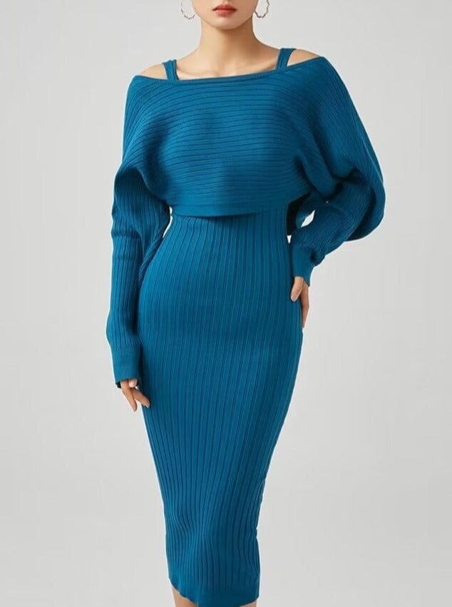 ensemble robe pull bleu axelle moulante chic pour femme avec manches longues idéal pour l’automne et l’hiver