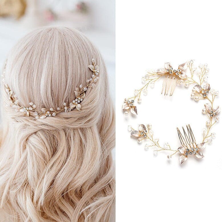 accessoire de coiffure mariage ulyanna en perles et fleurs dorées pour un style bohème chic, idéal pour la mariée