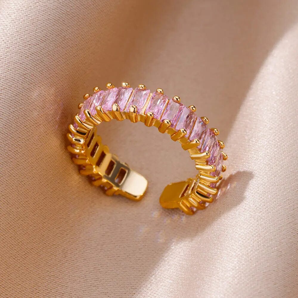 bague ajustable en zircon rose sur base dorée pour femme, élégante bijouterie, modèle yveline scintillant et raffiné