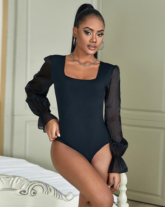 Body manches longues habillé pour femme avec détails en transparence, élégant et chic, modèle Aria en noir.