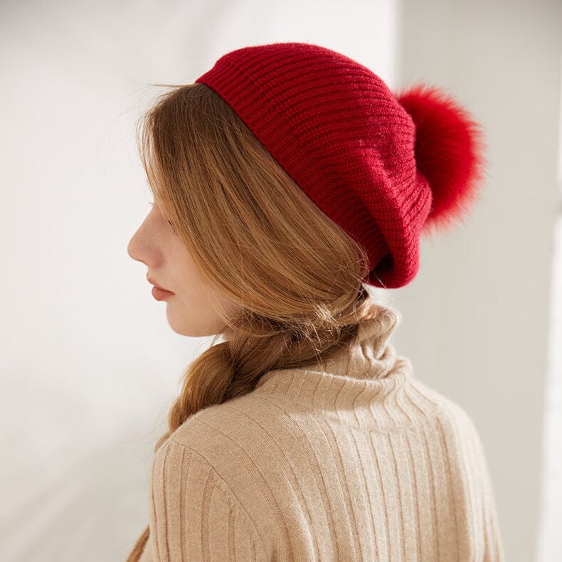 beret bonnet femme hiver édition limitée martine en laine rouge avec pompon, style élégant et chaud pour l'hiver
