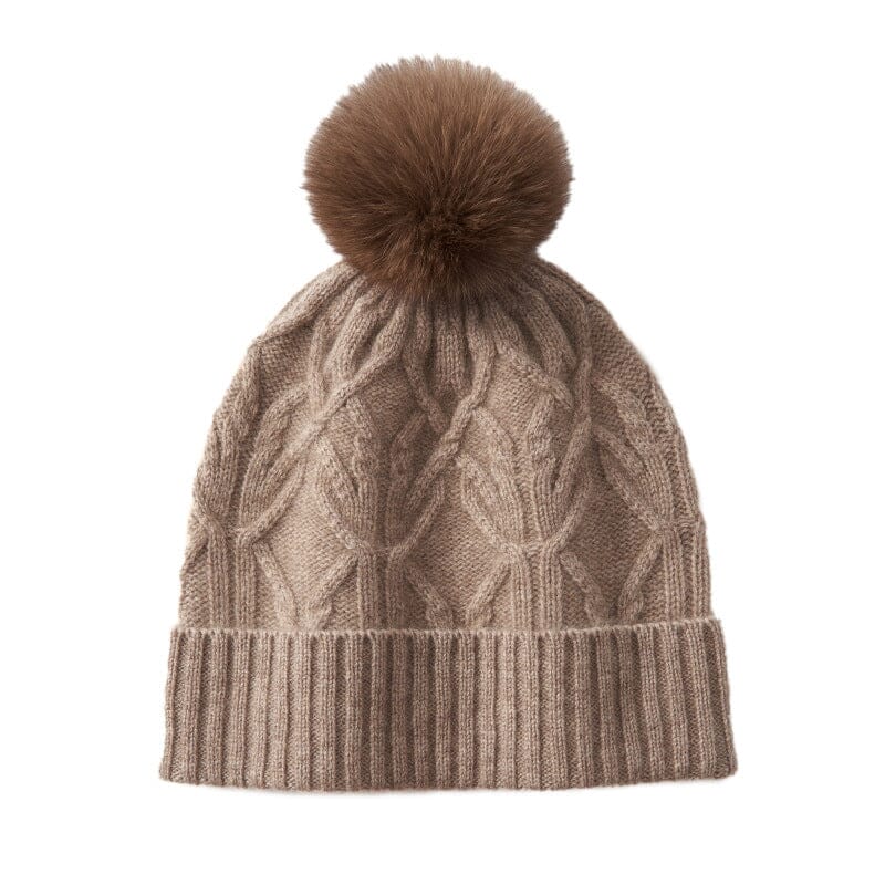 Bonnet en cachemire beige avec un pompon pour femme, modèle Sophie, parfait pour l'hiver et divers styles vêtements.