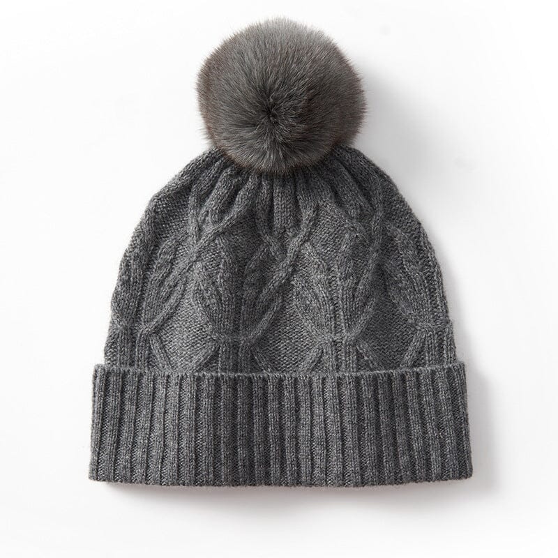 Bonnet cachemire femme Sophie gris avec pompon, accessoire d'hiver élégant et chaud pour femmes.