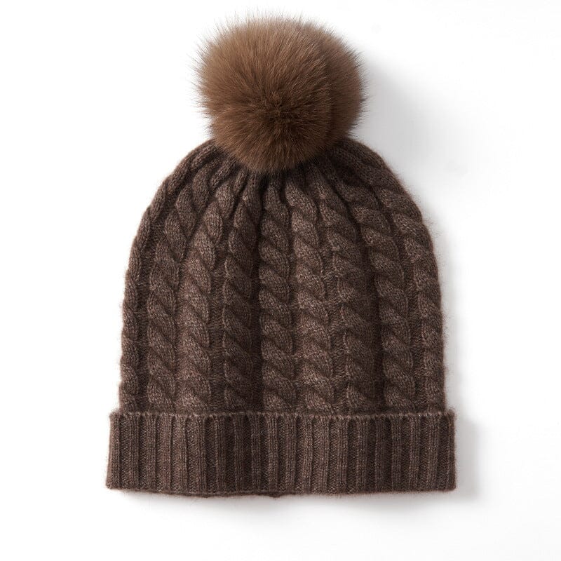 bonnet cachemire pour femme fanny avec pompon marron, doux et élégant pour l'hiver. idéal pour un look chic et chaleureux