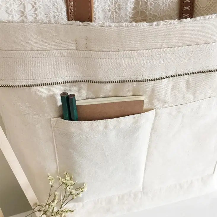 cabas plage en dentelle édition limitée avec des kits en cuir, poches de rangement avant pour notebook et crayon