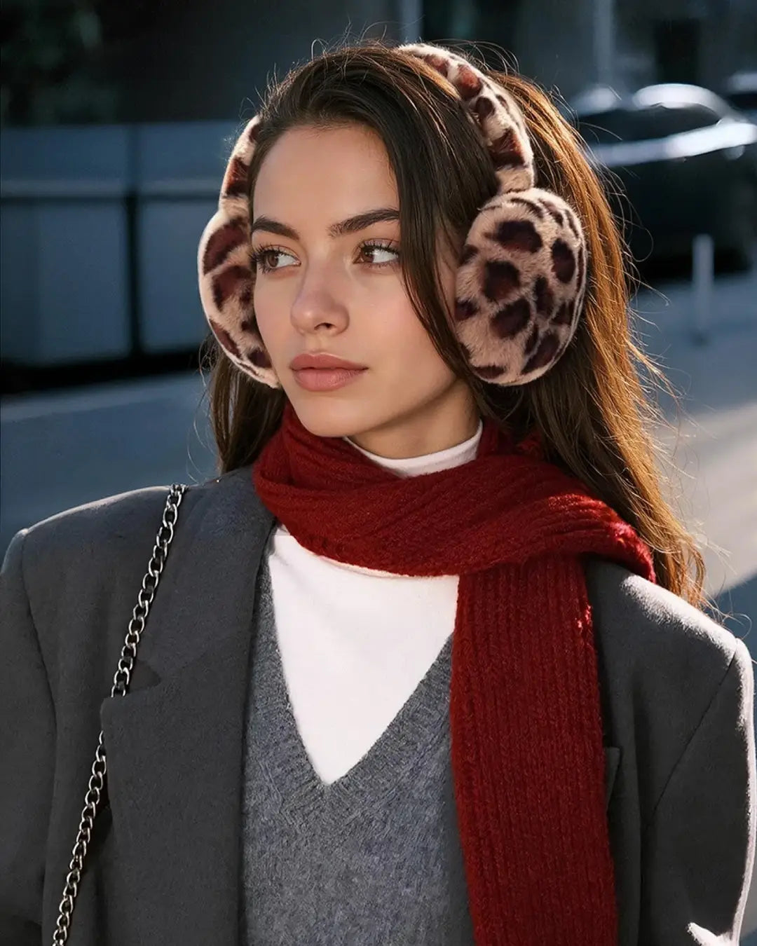 Cache oreilles léopard Sandra stylé pour temps froid, accessoire mode chic avec écharpe rouge pour un look élégant.