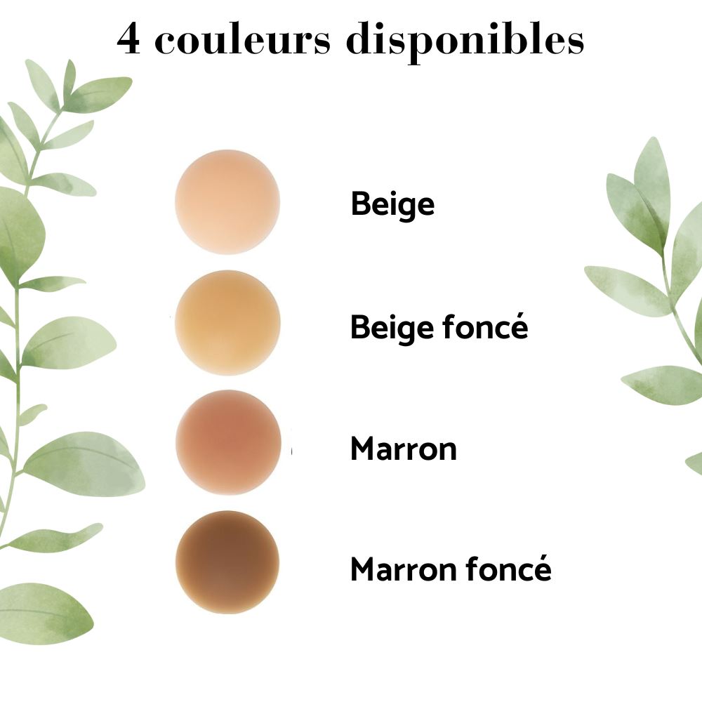 quatre couleurs de cache tétons adhésifs invisibles disponibles en beige, beige foncé, marron et marron foncé