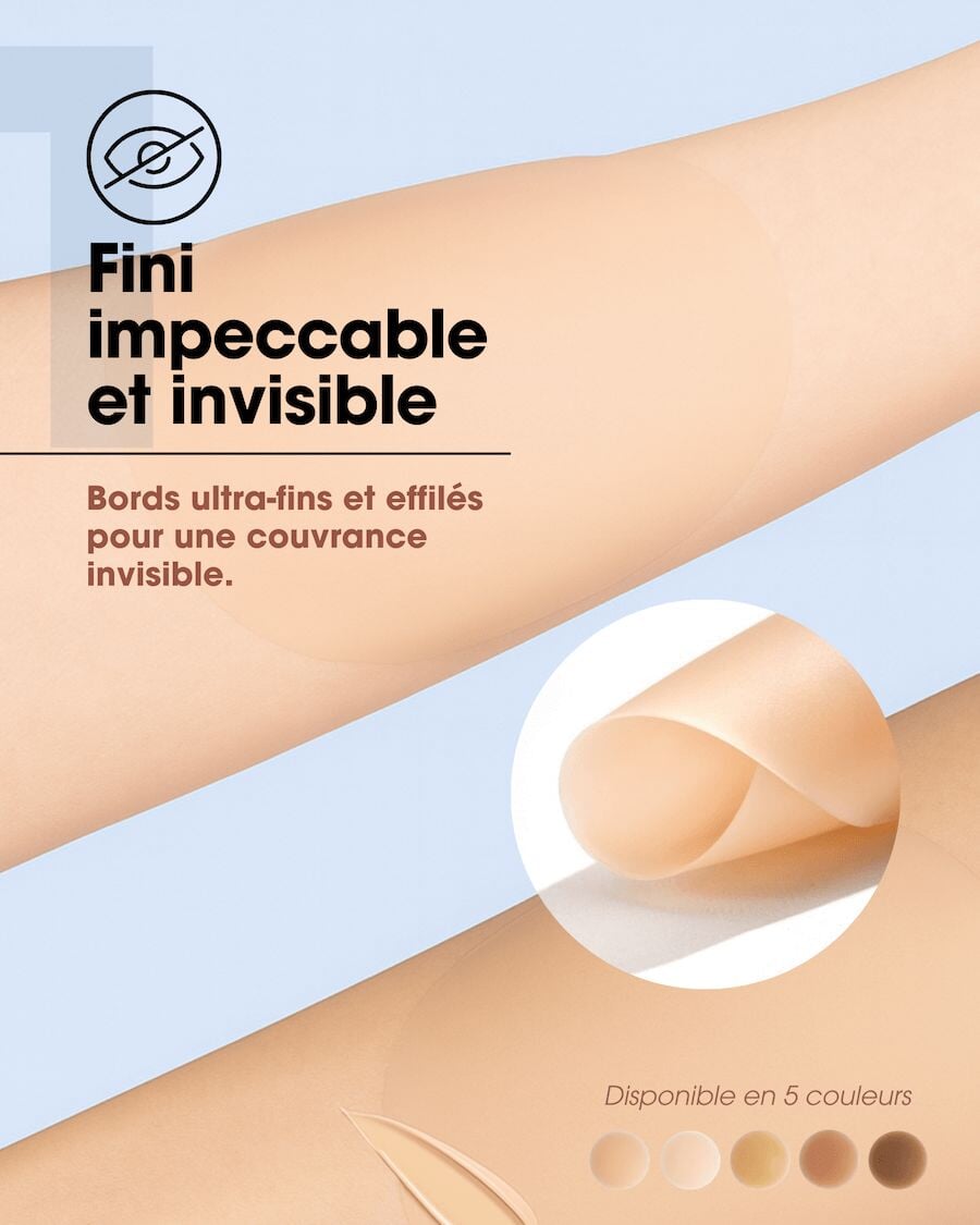 Cache tétons invisibles en silicone sans adhésifs avec bords ultra-fins pour couvrance discrète, disponible en cinq teintes.