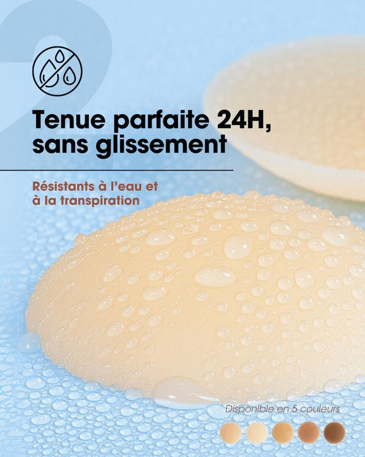 Cache-tétons en silicone invisibles, résistants à l'eau et à la transpiration, disponibles en cinq teintes naturelles.