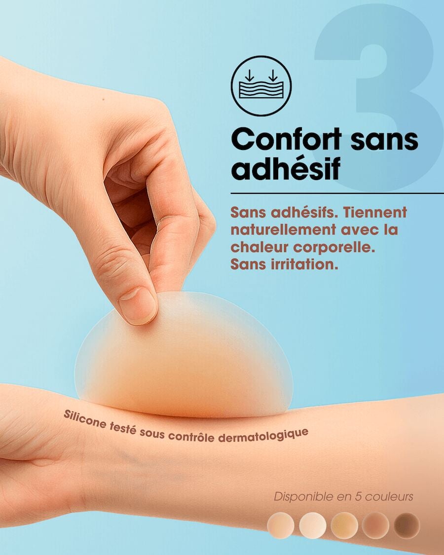 Cache tétons invisibles sans adhésifs en silicone, confortables et testés dermatologiquement, disponibles en plusieurs couleurs.