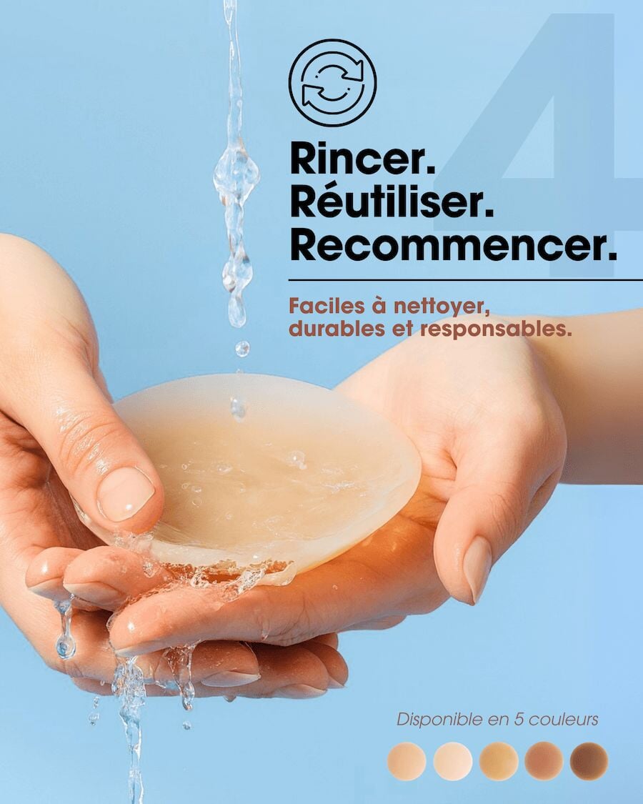 Cache-tétons réutilisable en silicone, sans adhésifs, facile à nettoyer, pour une couverture discrète et durable.