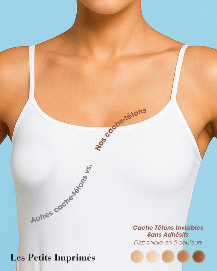 Cache-tétons invisibles sans adhésifs en silicone offrant discrétion sous les vêtements, disponible en plusieurs teintes.