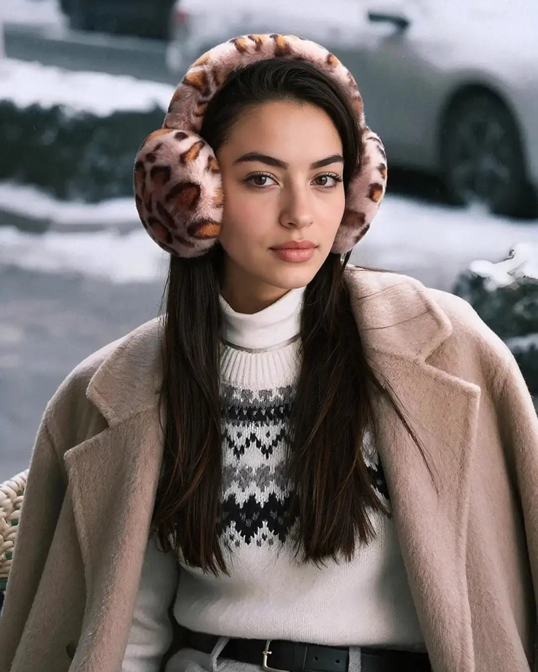 Femme portant cache oreilles léopard Sandra, look élégant et chaud, idéal pour l'hiver et les journées froides.
