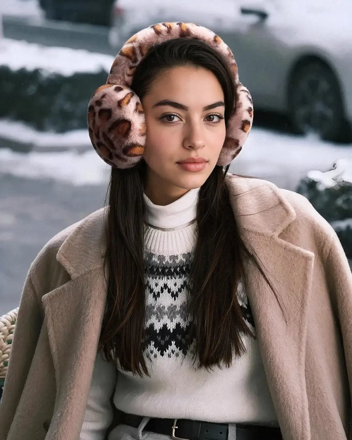 Femme portant cache oreilles léopard Sandra, look élégant et chaud, idéal pour l'hiver et les journées froides.