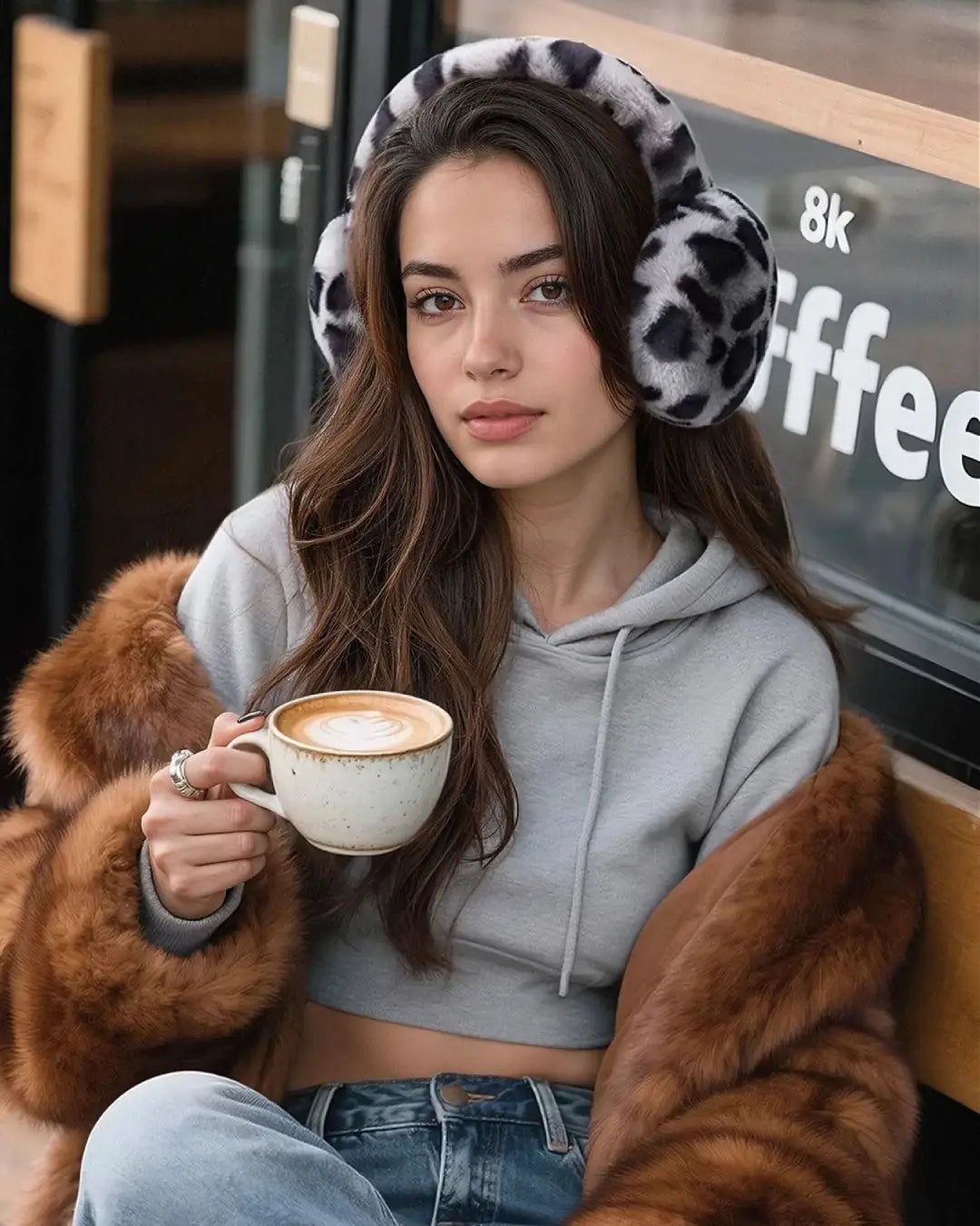 Jeune femme élégante portant un cache oreilles léopard Sandra, assise à l'extérieur, dégustant un café.