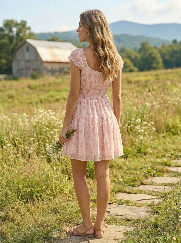 Robe courte fleurie col bardot à volants - Adèle
