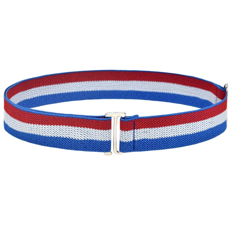 Ceinture élastique avec rayures tricolores rouges, blanches et bleues et boucle en métal argenté - modèle Samantha