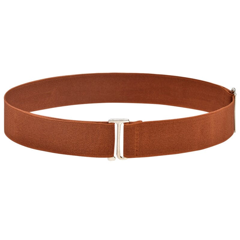 Ceinture élastique marron avec boucle dorée, modèle Samantha, idéale pour ajuster robes et jupes de manière élégante.