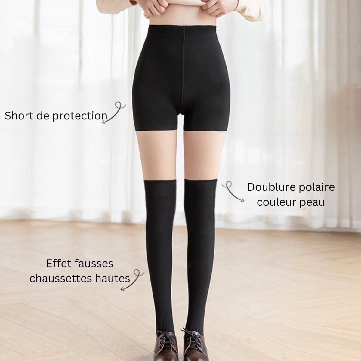 collant effet fausses chaussettes hautes noir avec doublure polaire et short de protection couleur peau