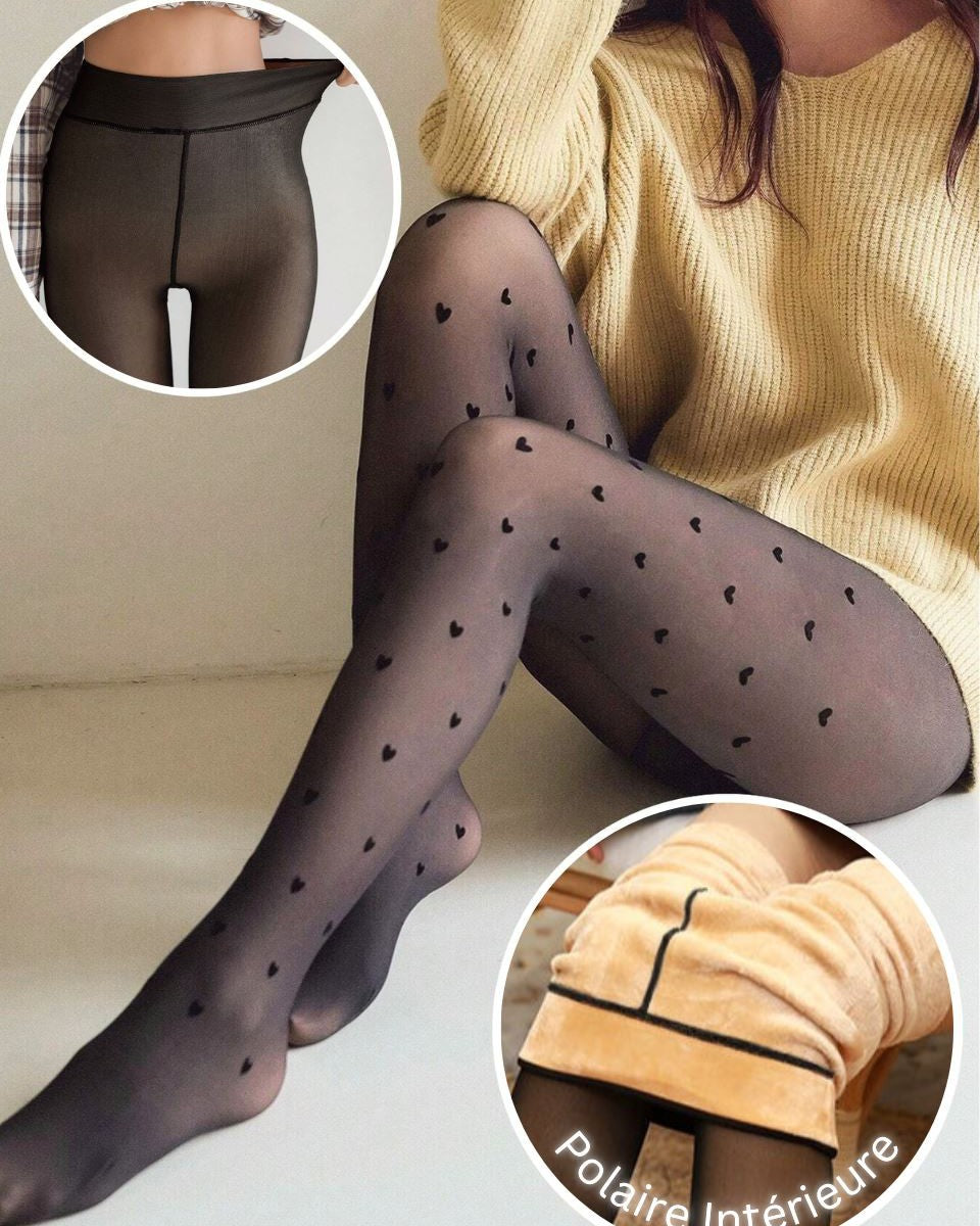 Collants noirs à motifs cœurs avec doublure intérieure polaire pour confort et chaleur, parfaits en hiver.