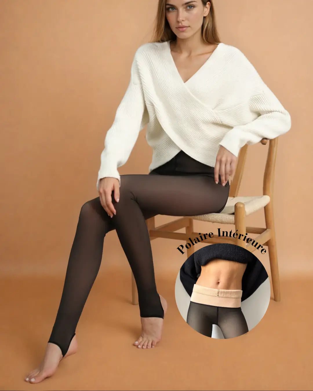 Collant polaire transparent pour femme, tenue hivernale chaude et élégante, intérieur doux, look moderne et confortable.