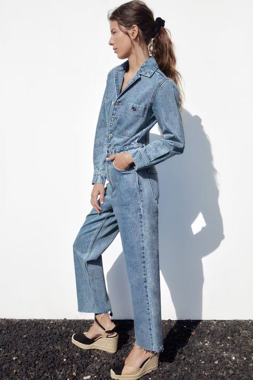 Combinaison En Jean Femme - Manches Longues - Col Chemise - Fermeture éclair - Bleu