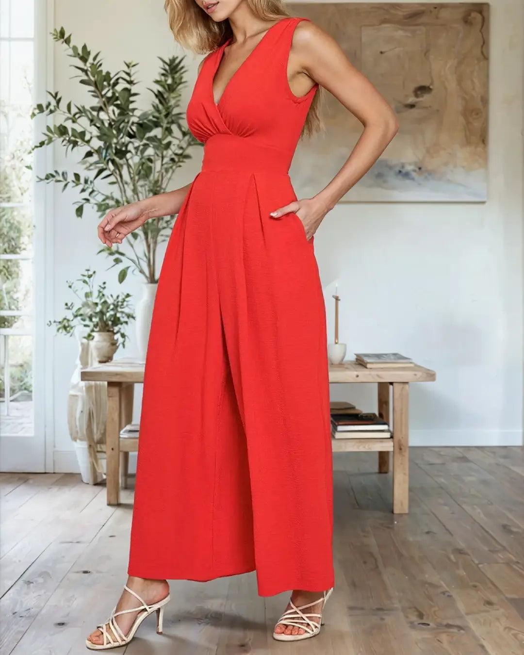 Combinaison pantalon large Manon élégante pour femme en rouge, idéale pour un look chic lors d'une sortie estivale.