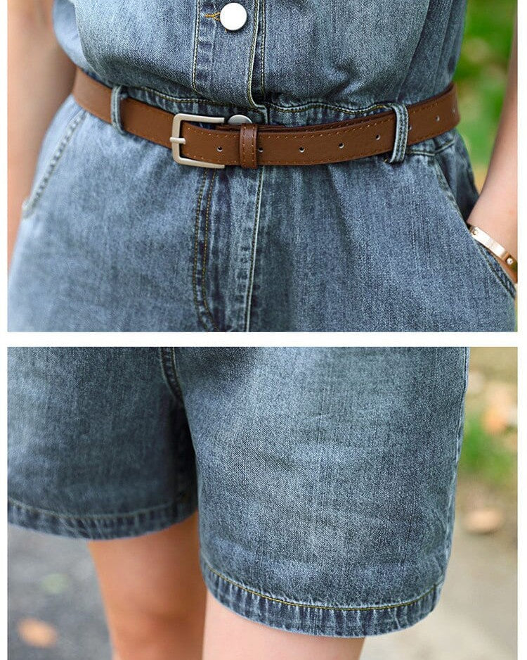 combinaison short en jean pour femme avec ceinture marron, vue de près des détails en denim et de la qualité du tissu