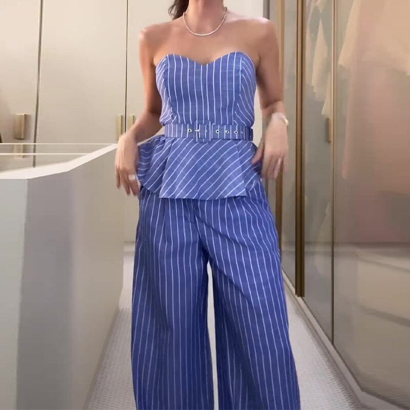 ensemble pantalon femme rayé bleu sans manches hermione élégant avec ceinture pour un look chic et stylé