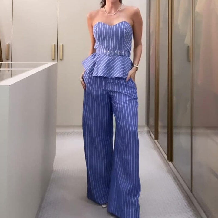 ensemble pantalon hermione bleu rayé sans bretelles pour femme, chic et élégant, idéal pour tenues de soirée ou bureau