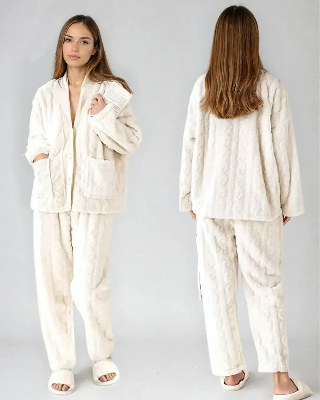Pyjama d'hiver confortable pour femme, en tissu doux et chaud, parfait pour les soirées cocooning à la maison.