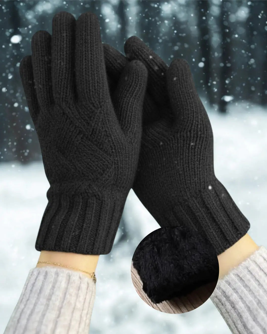 Gants polaire noirs pour femme avec fonction tactile, élégants et chauds, idéals pour l'hiver dans un paysage enneigé.
