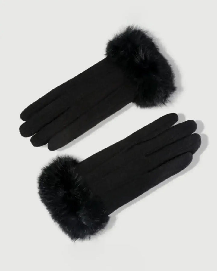 Gants tactiles en cachemire noir avec finition en fourrure synthétique, élégants et chauds pour l'hiver, modèle Lisa.
