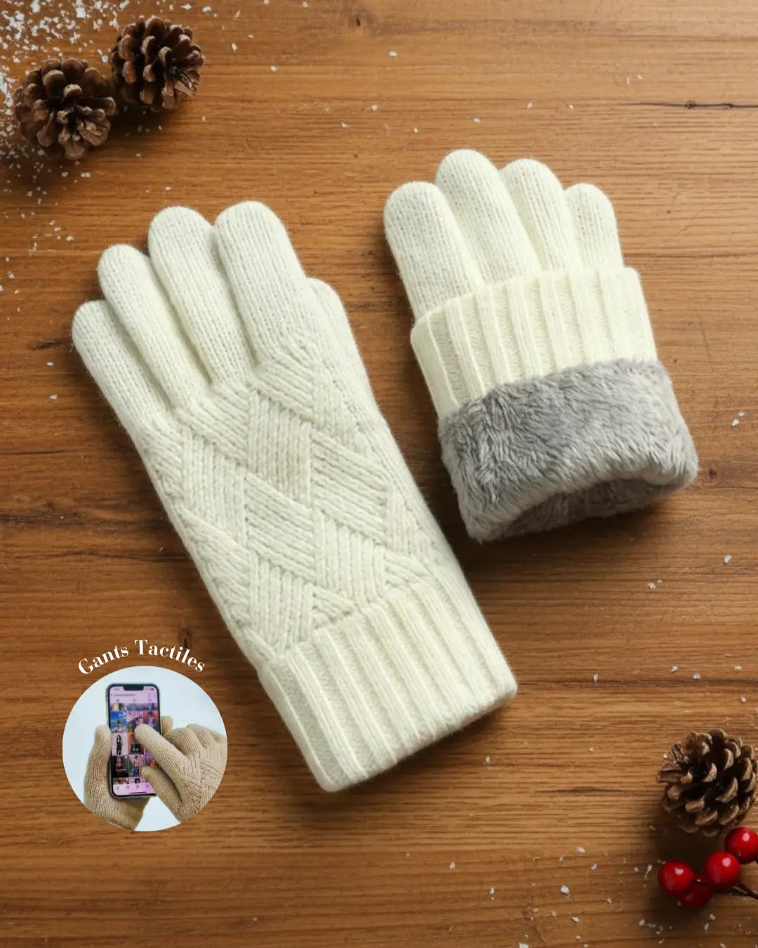 Gants polaire tactiles pour femme avec motif tricot et intérieur en fausse fourrure, confortables et élégants pour hiver.