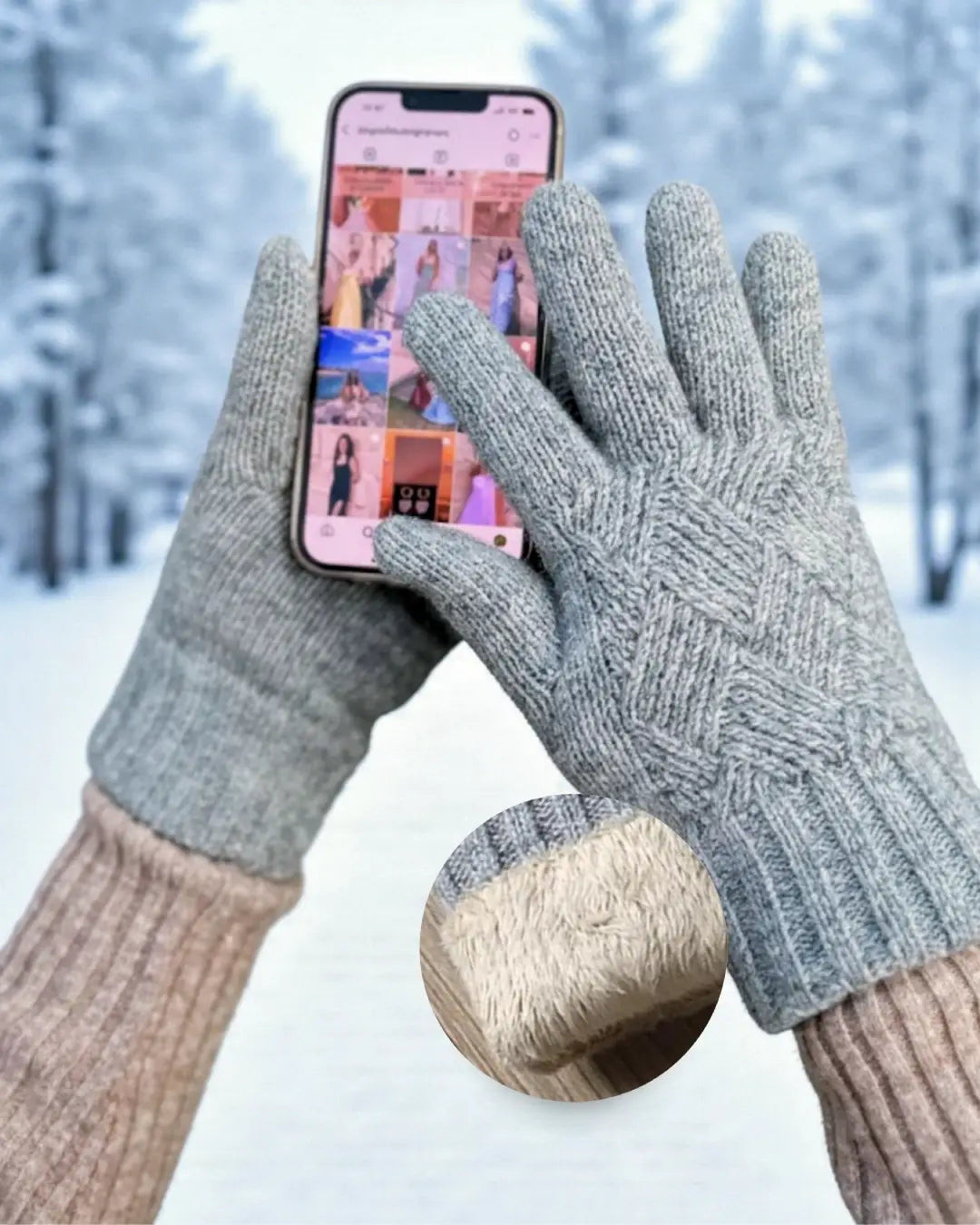 Gants polaires tactiles femme en laine grise, idéal pour utiliser un smartphone en hiver grâce à sa texture isolante.