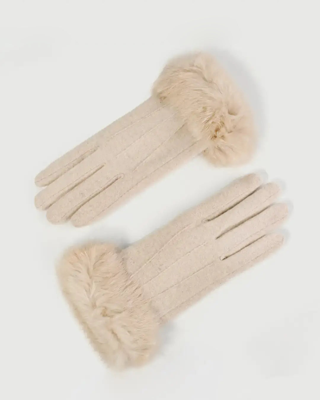 Gants tactiles en cachemire élégants de couleur beige avec bordure en fourrure, modèle Lisa pour un look chic hivernal.