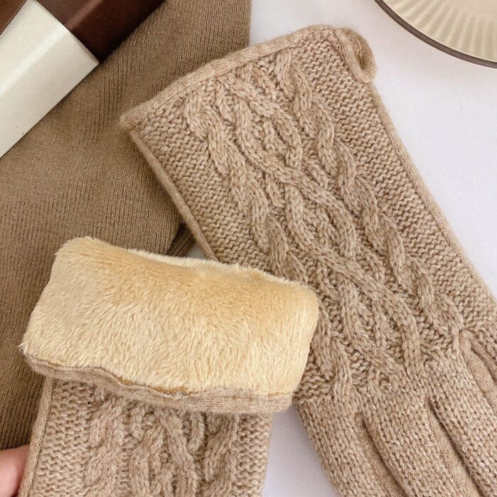 gants tactiles polaire pour femme en laine beige avec doublure en fausse fourrure chaude pour écran tactile en hiver