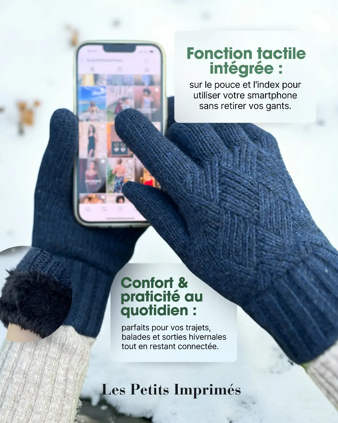 Gants polaire tactiles pour femme utilisant un smartphone, confortables et pratiques pour rester connectée en hiver.