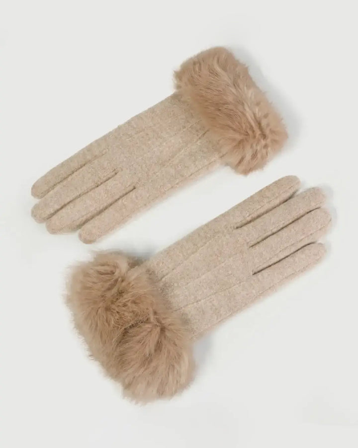 Gants tactiles en cachemire beiges avec bordure en fourrure douce, modèle Lisa pour confort et élégance hivernale.
