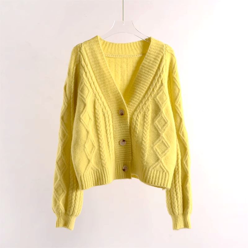 gilet en grosse maille pour femmes albane, couleur jaune, avec manches longues et boutons, pour un look élégant et confortable